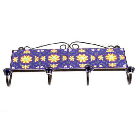 Navy Blue Yellow Flower Tiles Hooks 